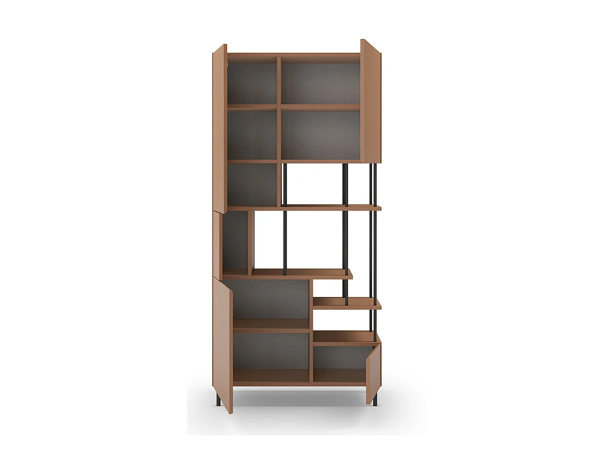 Etagère haute, meuble étagère avec 5 portes aspect bois coloris terracotta, pieds en métal noir  - Longueur 84 x Profondeur 34 x Hauteur 175 cm