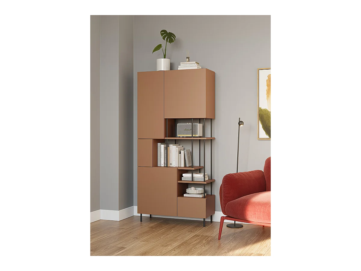 Etagère haute, meuble étagère avec 5 portes aspect bois coloris terracotta, pieds en métal noir  - Longueur 84 x Profondeur 34 x Hauteur 175 cm