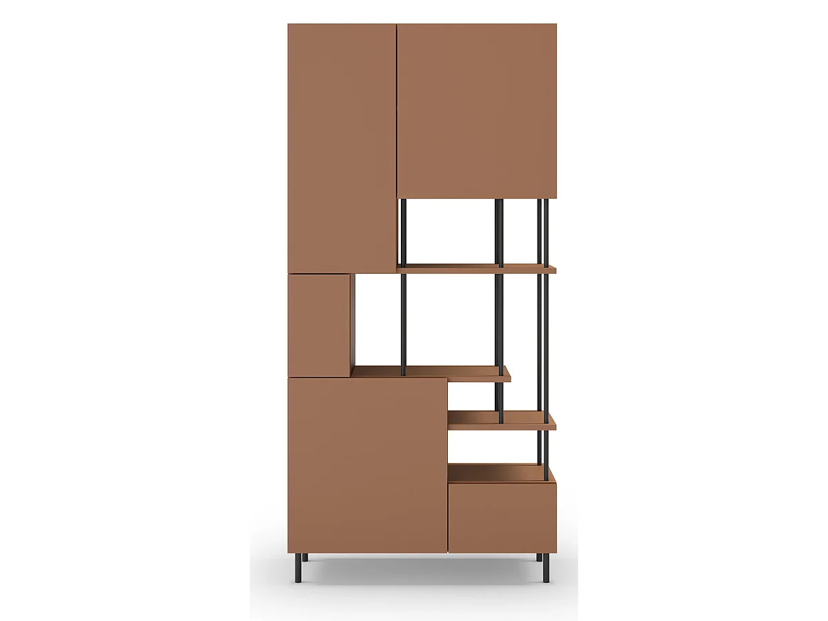 Etagère haute, meuble étagère avec 5 portes aspect bois coloris terracotta, pieds en métal noir  - Longueur 84 x Profondeur 34 x Hauteur 175 cm