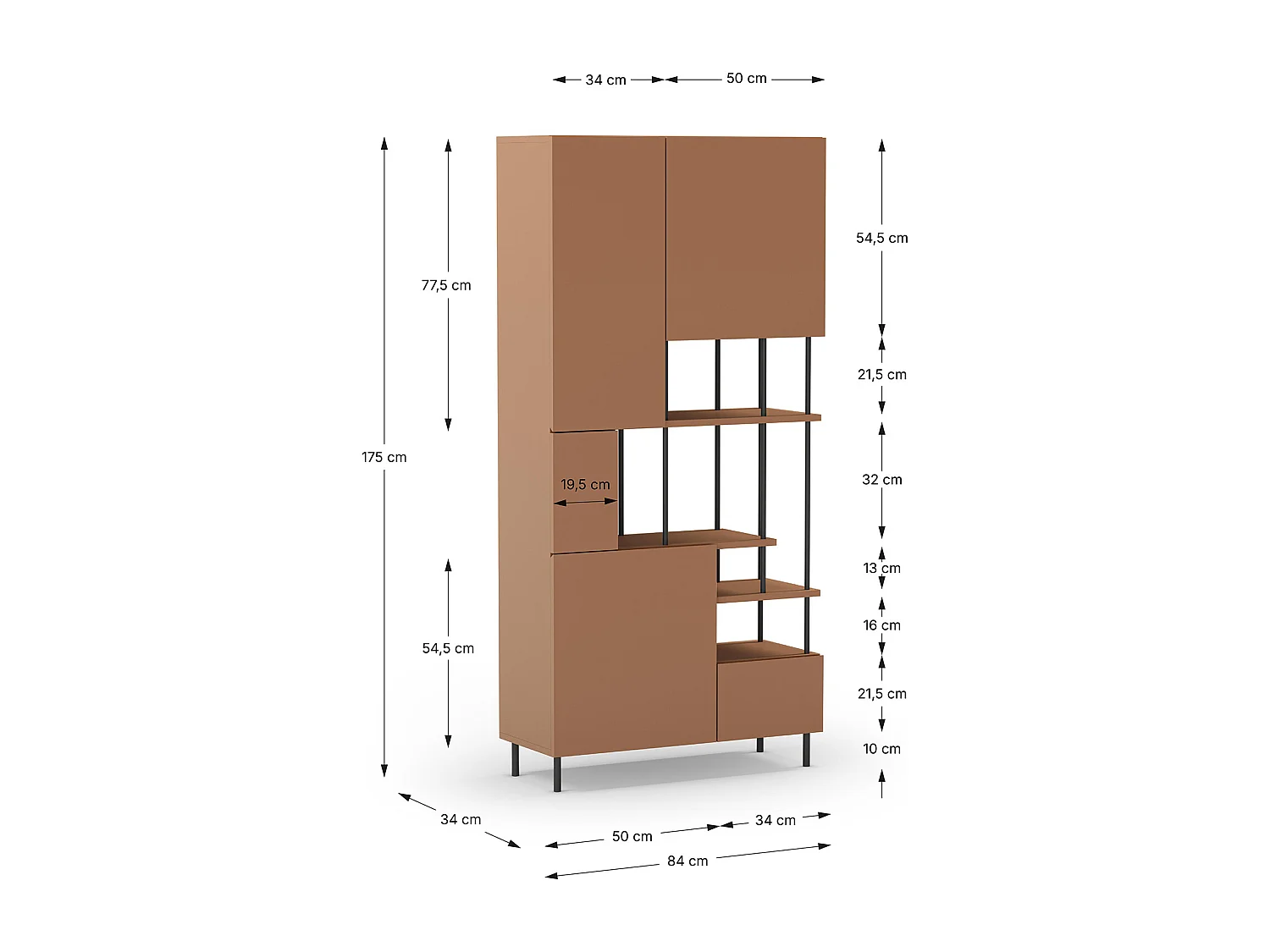 Etagère haute, meuble étagère avec 5 portes aspect bois coloris terracotta, pieds en métal noir  - Longueur 84 x Profondeur 34 x Hauteur 175 cm