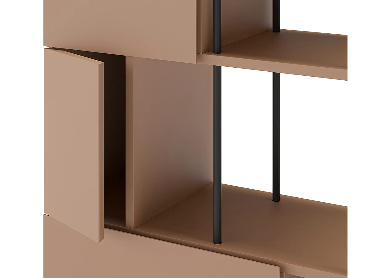 Etagère haute, meuble étagère avec 5 portes aspect bois coloris terracotta, pieds en métal noir  - Longueur 84 x Profondeur 34 x Hauteur 175 cm