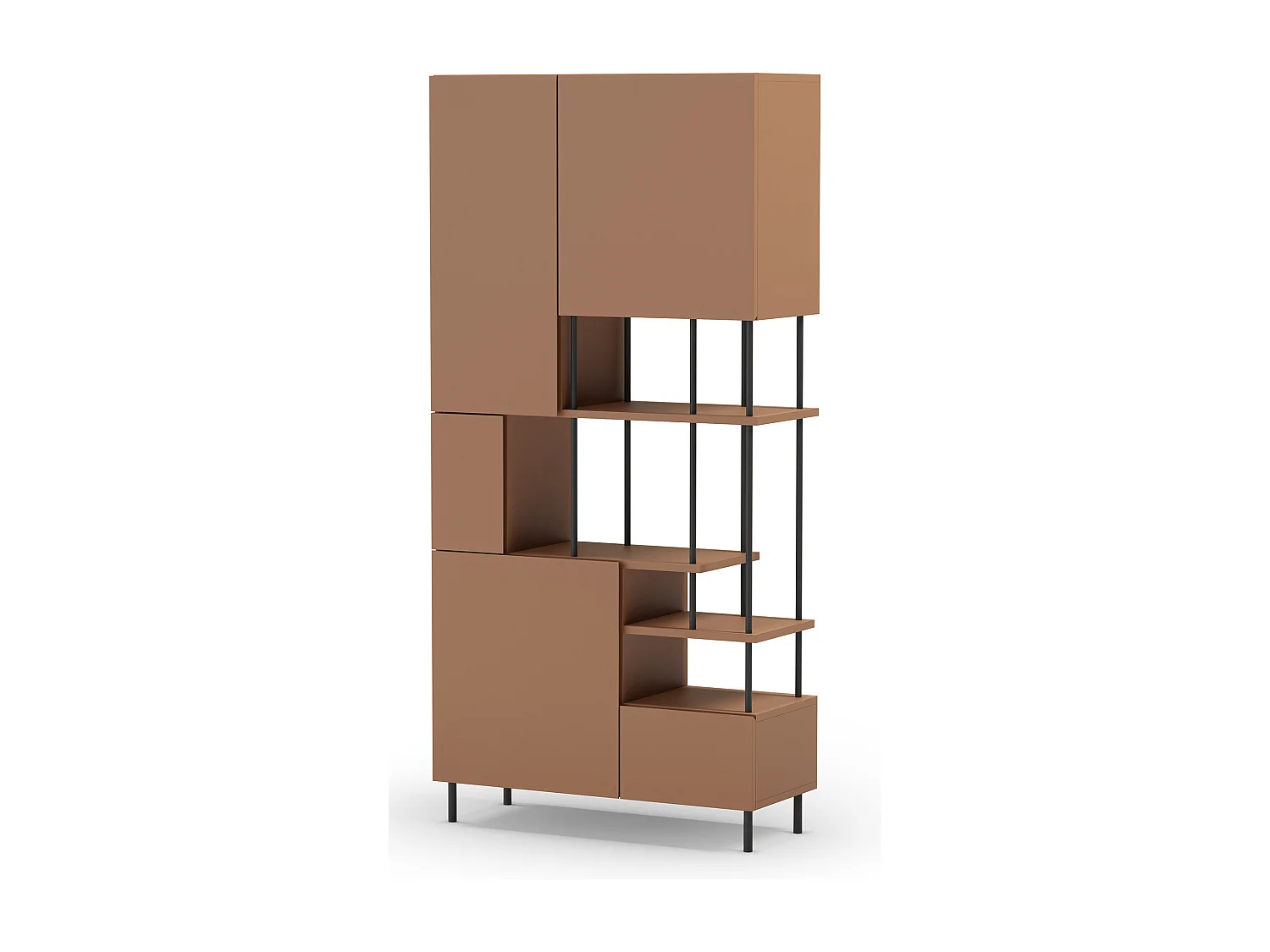 Etagère haute, meuble étagère avec 5 portes aspect bois coloris terracotta, pieds en métal noir  - Longueur 84 x Profondeur 34 x Hauteur 175 cm