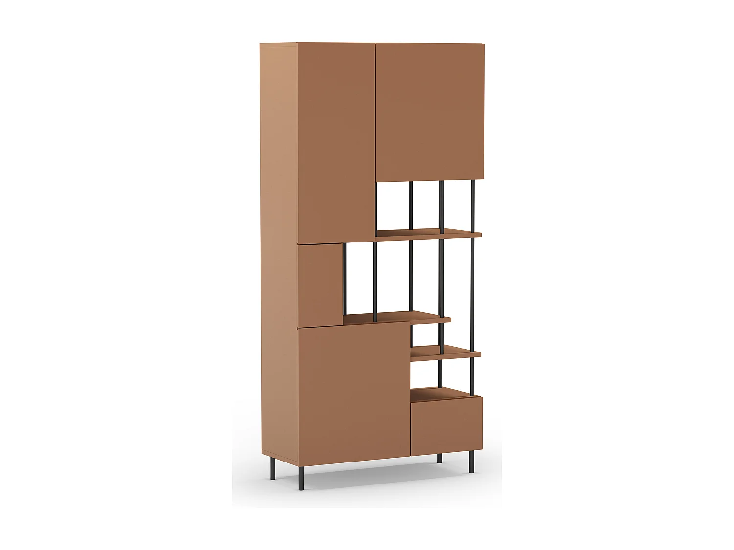 Etagère haute, meuble étagère avec 5 portes aspect bois coloris terracotta, pieds en métal noir  - Longueur 84 x Profondeur 34 x Hauteur 175 cm