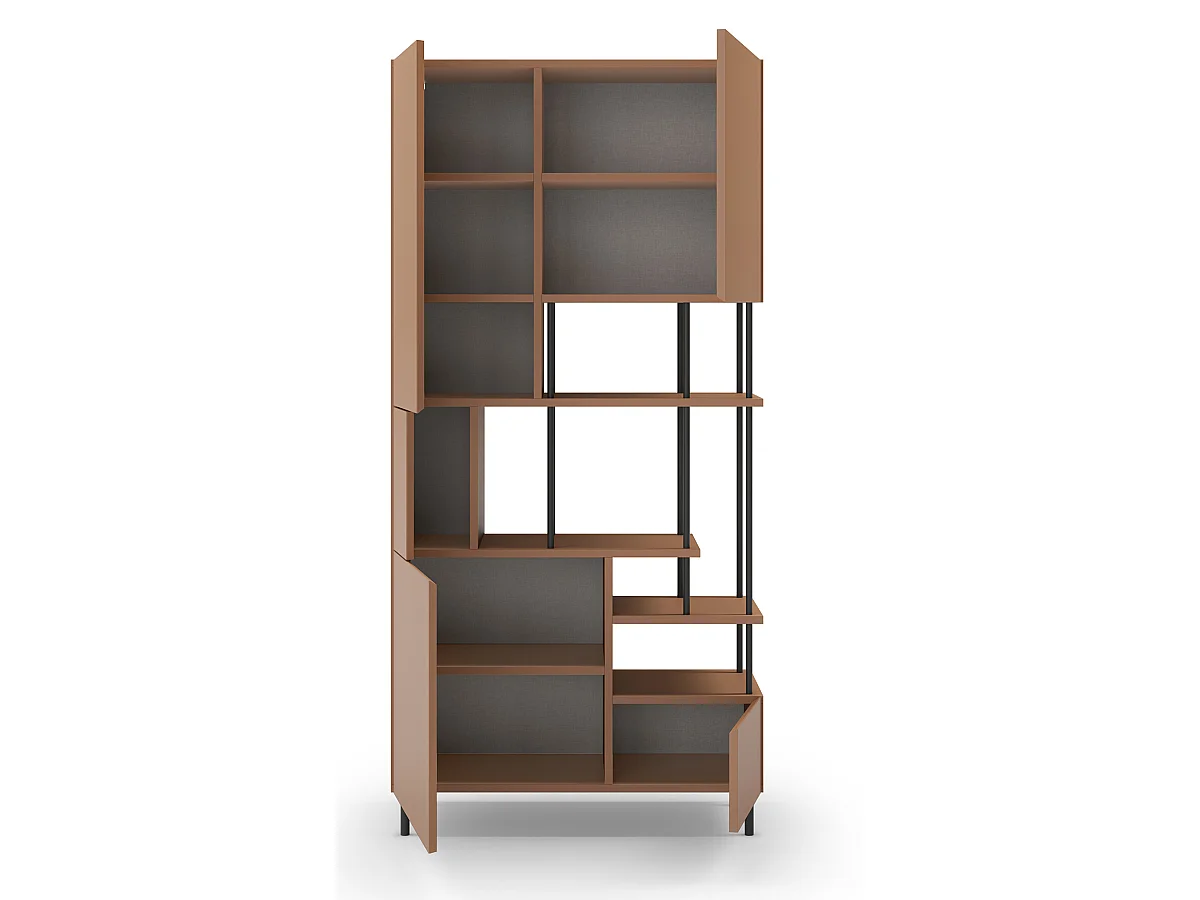 Etagère haute, meuble étagère avec 5 portes aspect bois coloris terracotta, pieds en métal noir  - Longueur 84 x Profondeur 34 x Hauteur 175 cm