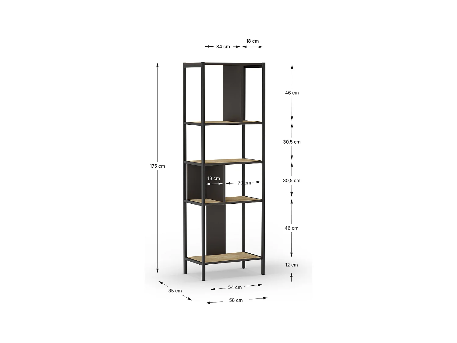 Bibliothèque, meuble étagère aspect bois coloris chêne et métal noir - Longueur 58 x Profondeur 35 x Hauteur 175 cm