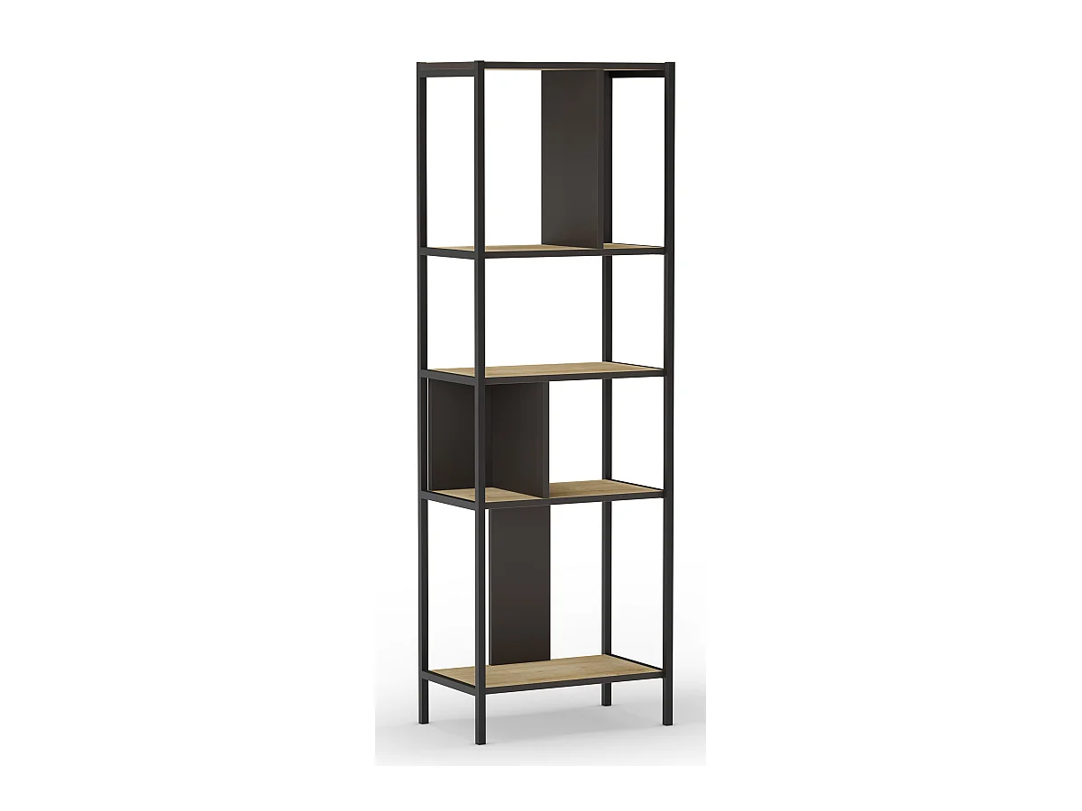 Bibliothèque, meuble étagère aspect bois coloris chêne et métal noir - Longueur 58 x Profondeur 35 x Hauteur 175 cm