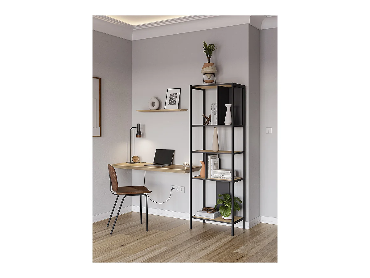 Bibliothèque, meuble étagère aspect bois coloris chêne et métal noir - Longueur 58 x Profondeur 35 x Hauteur 175 cm