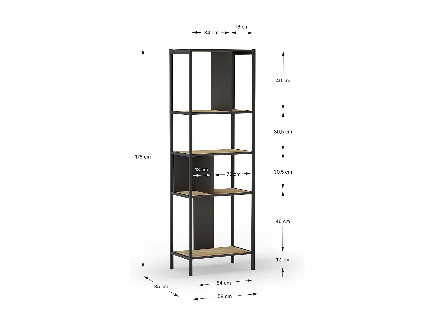 Bibliothèque, meuble étagère aspect bois coloris chêne et métal noir - Longueur 58 x Profondeur 35 x Hauteur 175 cm