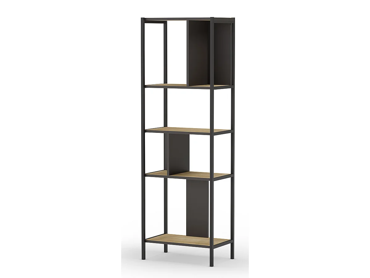 Bibliothèque, meuble étagère aspect bois coloris chêne et métal noir - Longueur 58 x Profondeur 35 x Hauteur 175 cm