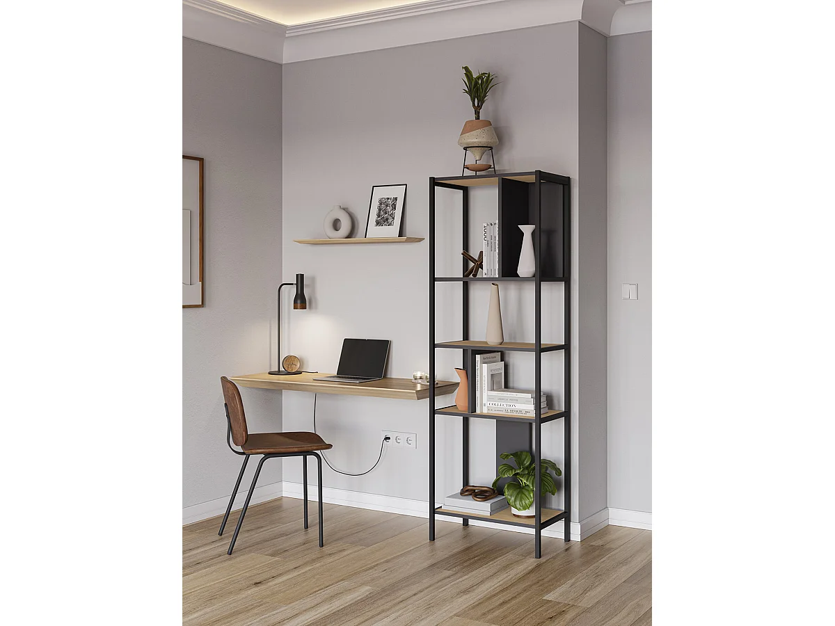 Bibliothèque, meuble étagère aspect bois coloris chêne et métal noir - Longueur 58 x Profondeur 35 x Hauteur 175 cm