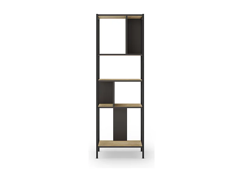 Bibliothèque, meuble étagère aspect bois coloris chêne et métal noir - Longueur 58 x Profondeur 35 x Hauteur 175 cm
