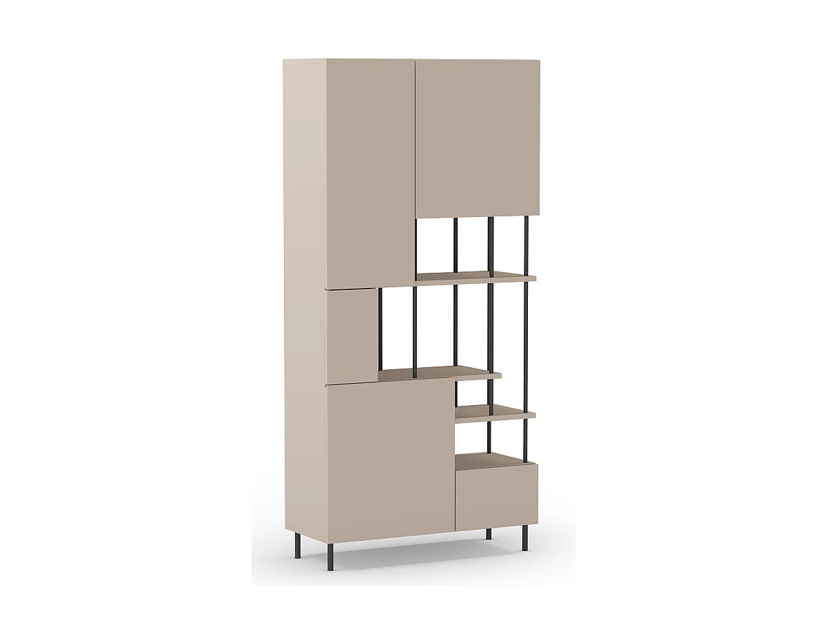 Etagère haute, meuble étagère avec 5 portes aspect bois coloris crème, pieds en métal noir - Longueur 84 x Profondeur 34 x Hauteur 175 cm