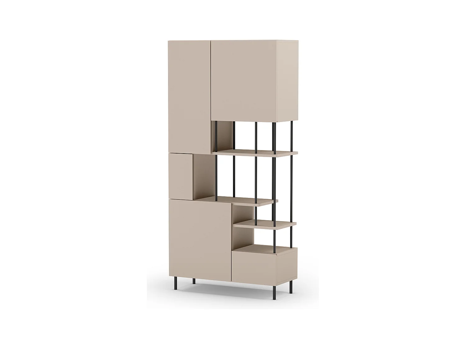 Etagère haute, meuble étagère avec 5 portes aspect bois coloris crème, pieds en métal noir - Longueur 84 x Profondeur 34 x Hauteur 175 cm