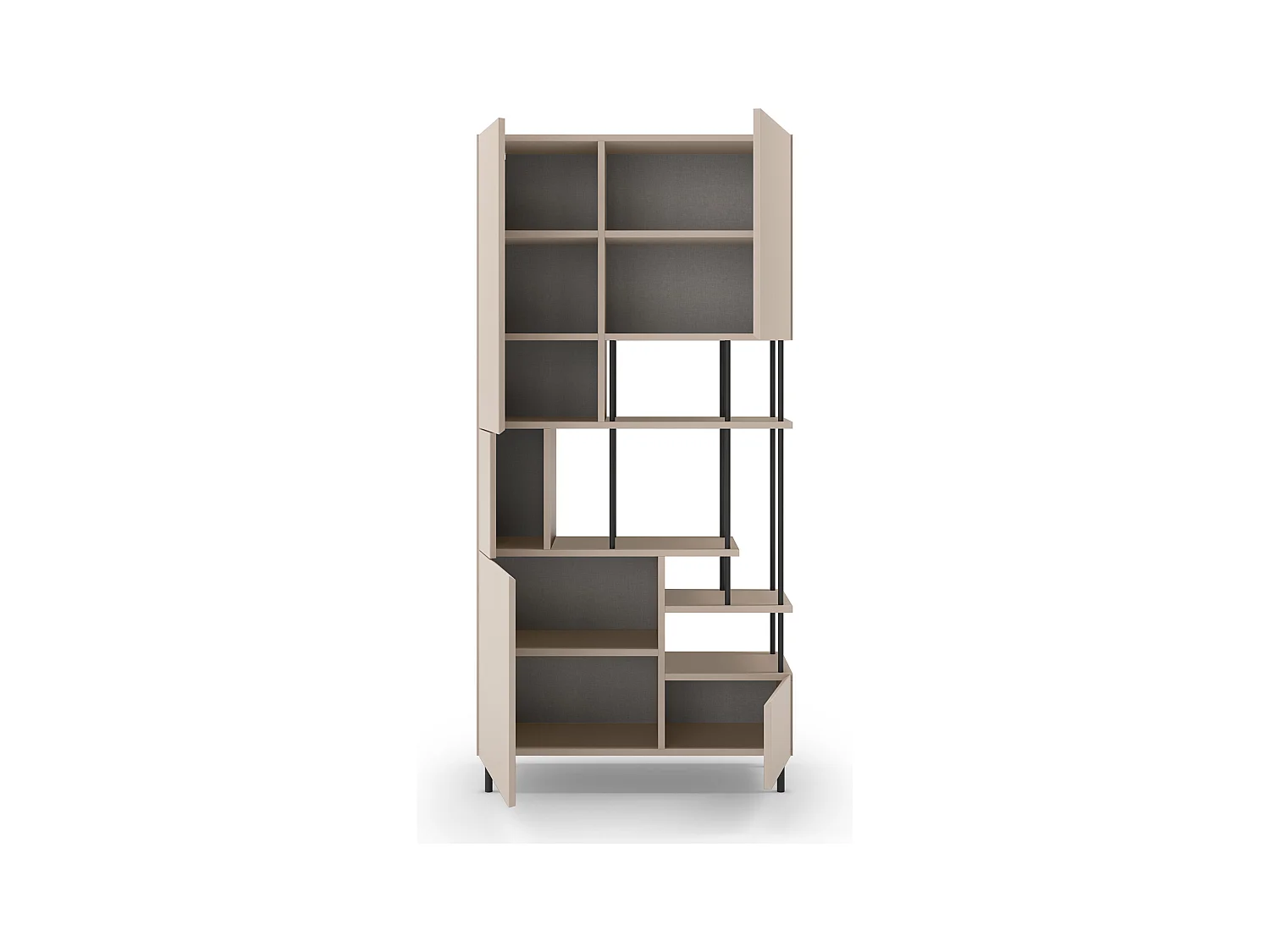 Etagère haute, meuble étagère avec 5 portes aspect bois coloris crème, pieds en métal noir - Longueur 84 x Profondeur 34 x Hauteur 175 cm