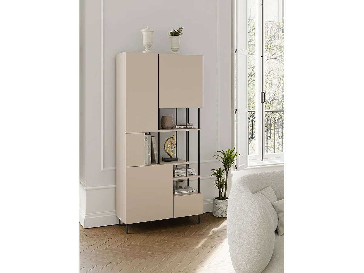 Etagère haute, meuble étagère avec 5 portes aspect bois coloris crème, pieds en métal noir - Longueur 84 x Profondeur 34 x Hauteur 175 cm