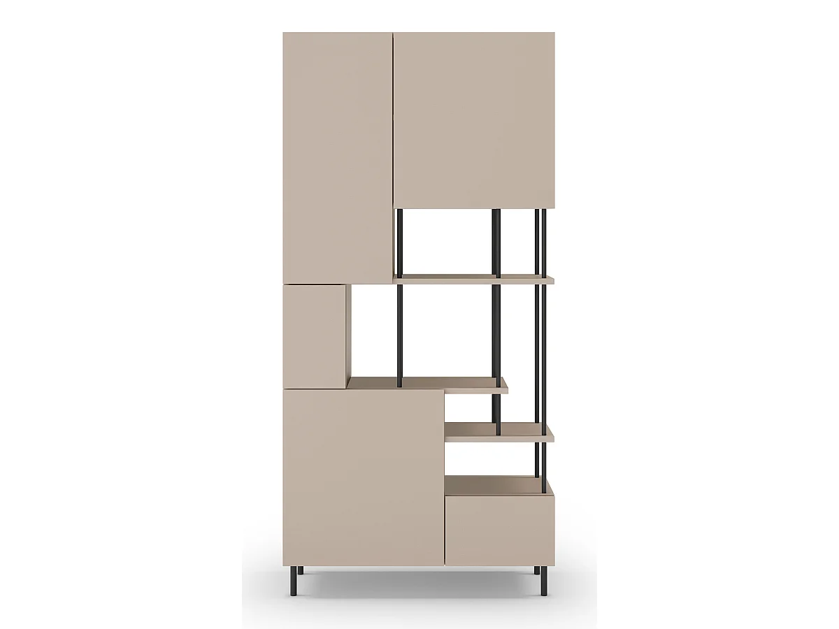 Etagère haute, meuble étagère avec 5 portes aspect bois coloris crème, pieds en métal noir - Longueur 84 x Profondeur 34 x Hauteur 175 cm