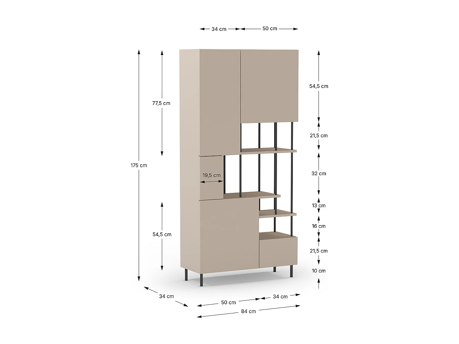 Etagère haute, meuble étagère avec 5 portes aspect bois coloris crème, pieds en métal noir - Longueur 84 x Profondeur 34 x Hauteur 175 cm