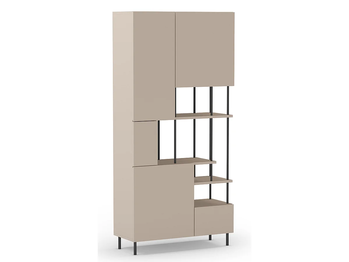 Etagère haute, meuble étagère avec 5 portes aspect bois coloris crème, pieds en métal noir - Longueur 84 x Profondeur 34 x Hauteur 175 cm
