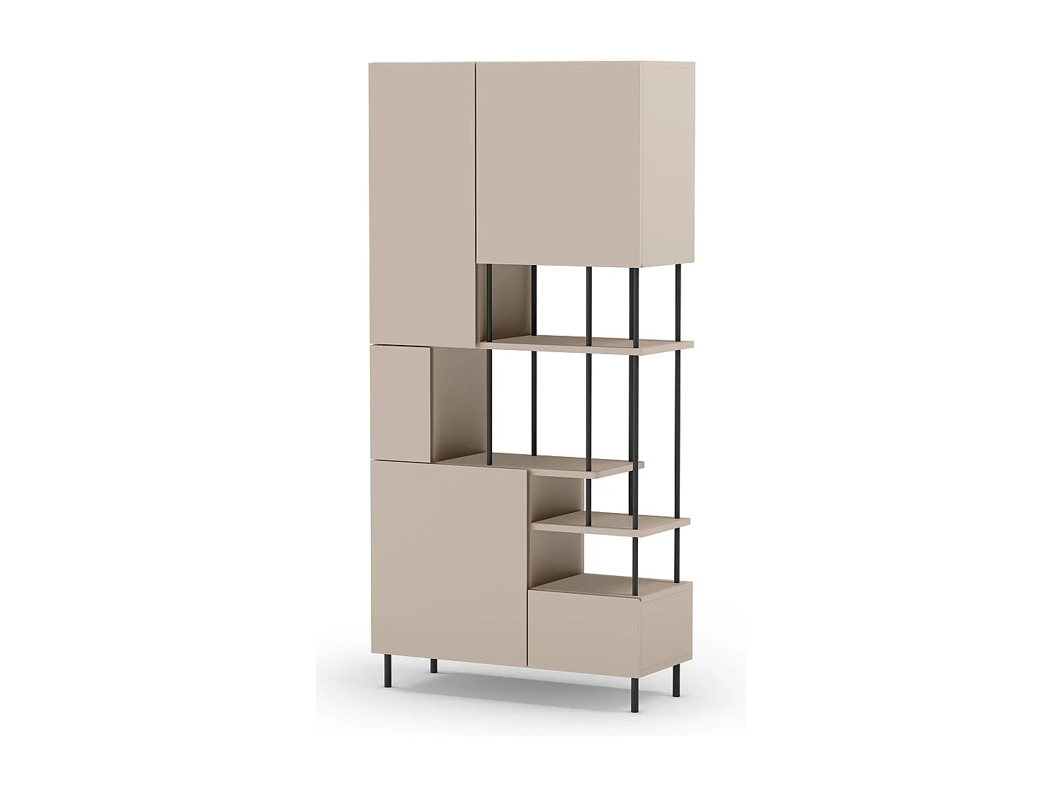 Etagère haute, meuble étagère avec 5 portes aspect bois coloris crème, pieds en métal noir - Longueur 84 x Profondeur 34 x Hauteur 175 cm