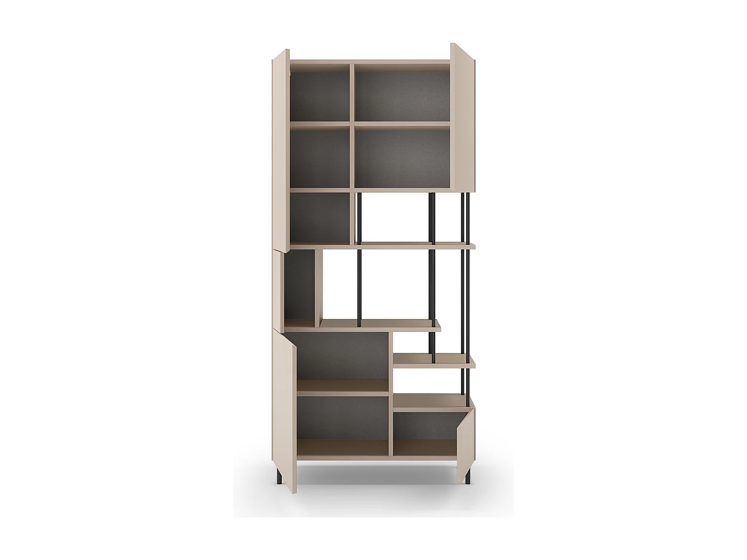 Etagère haute, meuble étagère avec 5 portes aspect bois coloris crème, pieds en métal noir - Longueur 84 x Profondeur 34 x Hauteur 175 cm
