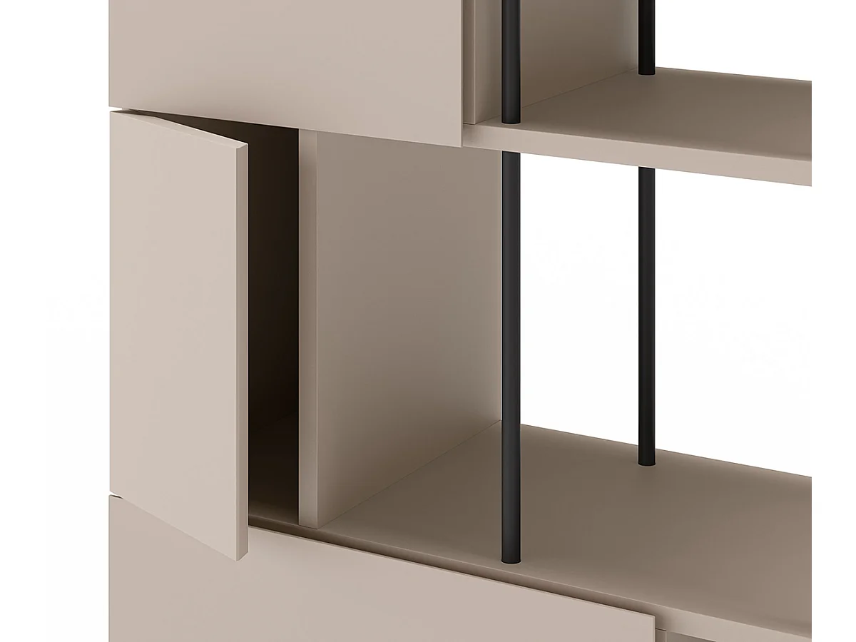 Etagère haute, meuble étagère avec 5 portes aspect bois coloris crème, pieds en métal noir - Longueur 84 x Profondeur 34 x Hauteur 175 cm