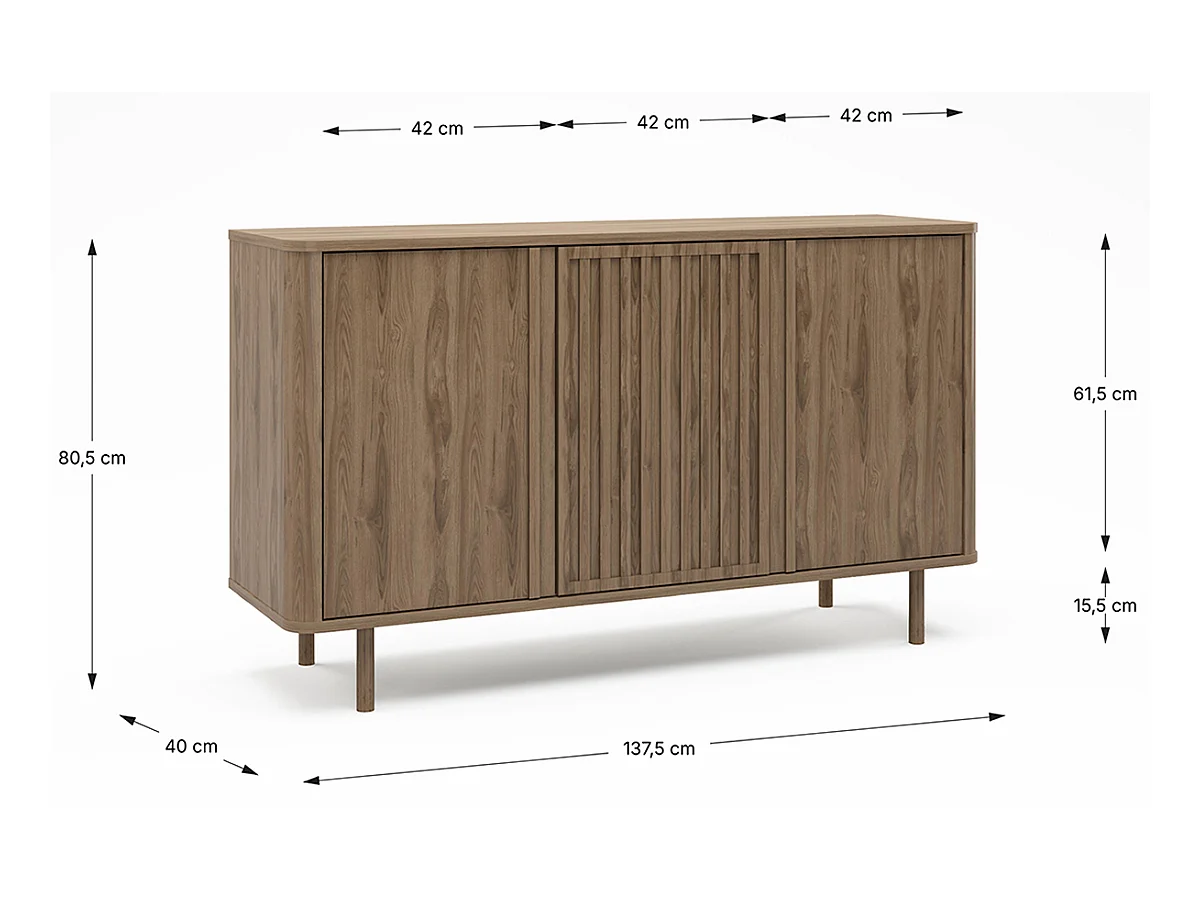Buffet, meuble de rangement avec 3 portes aspect bois coloris chêne - Longueur 137,70 x Profondeur 40 x Hauteur 80,40  cm