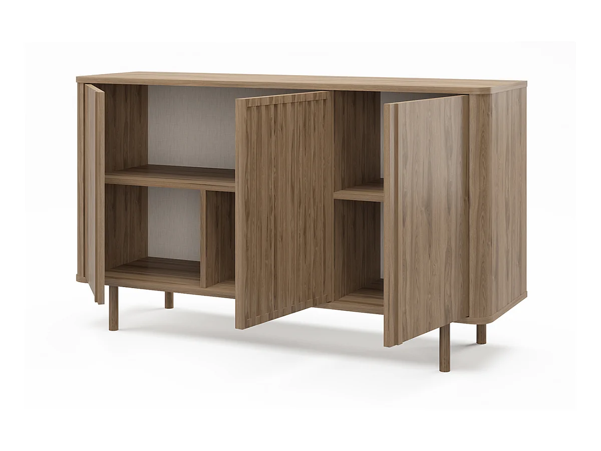 Buffet, meuble de rangement avec 3 portes aspect bois coloris chêne - Longueur 137,70 x Profondeur 40 x Hauteur 80,40  cm
