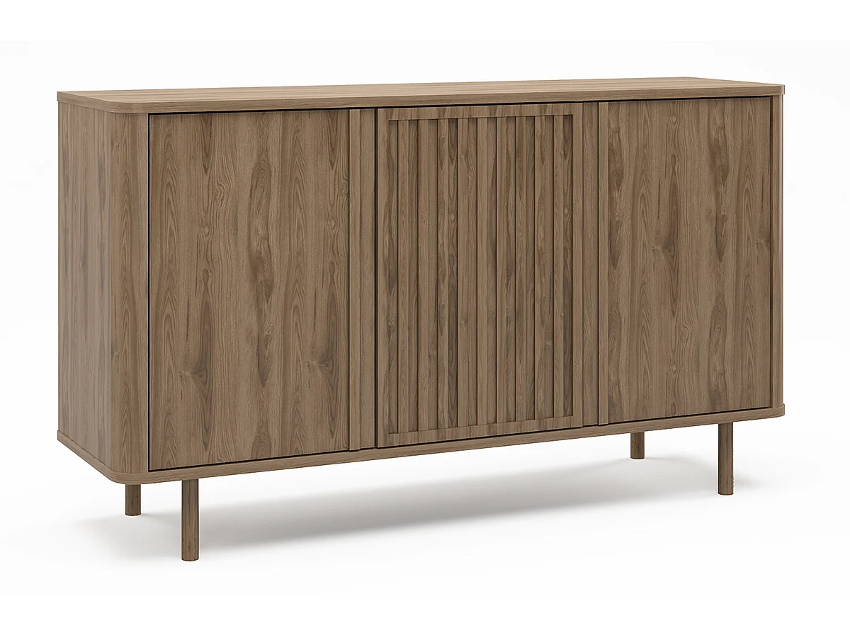 Buffet, meuble de rangement avec 3 portes aspect bois coloris chêne - Longueur 137,70 x Profondeur 40 x Hauteur 80,40  cm