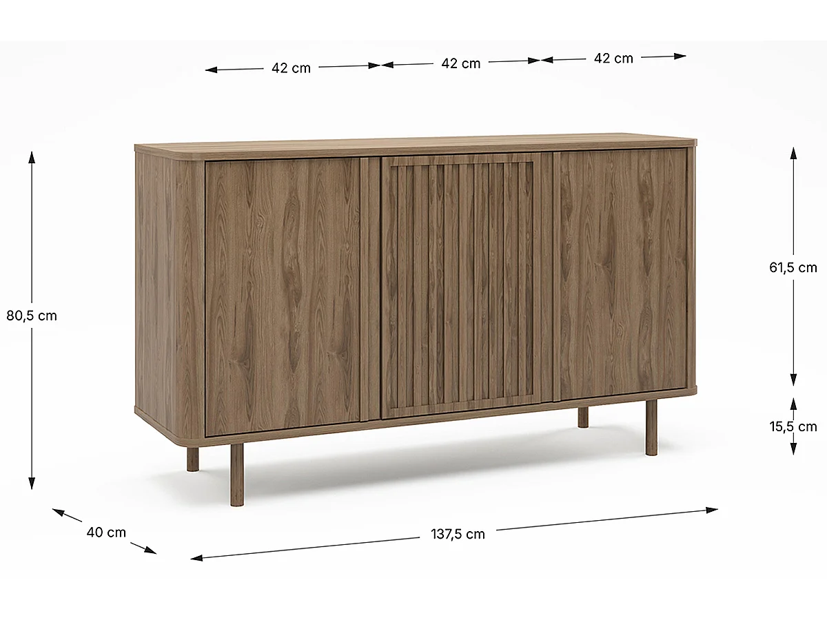 Buffet, meuble de rangement avec 3 portes aspect bois coloris chêne - Longueur 137,70 x Profondeur 40 x Hauteur 80,40  cm