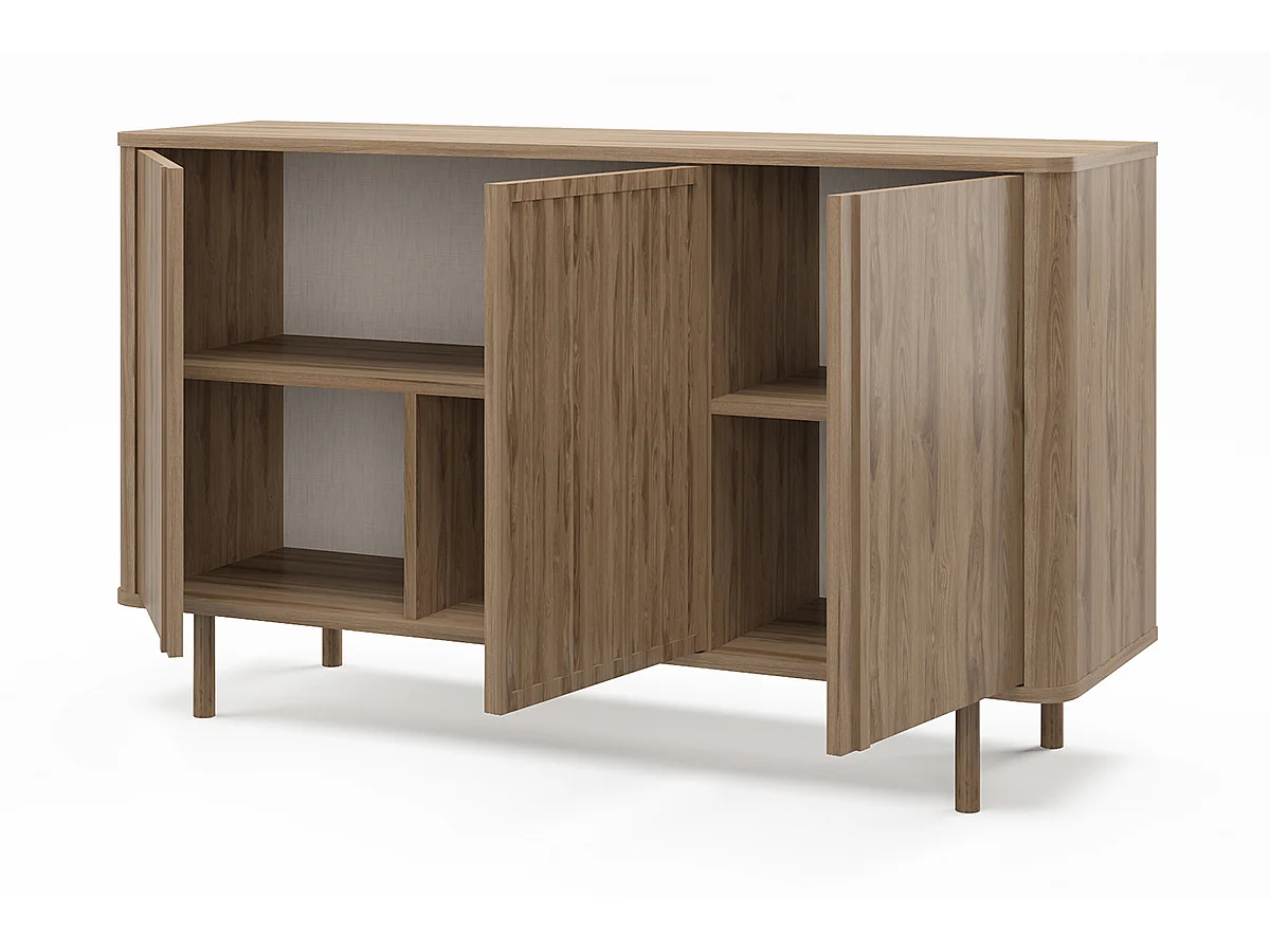 Buffet, meuble de rangement avec 3 portes aspect bois coloris chêne - Longueur 137,70 x Profondeur 40 x Hauteur 80,40  cm