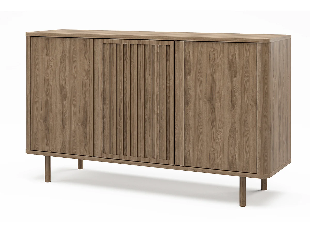 Buffet, meuble de rangement avec 3 portes aspect bois coloris chêne - Longueur 137,70 x Profondeur 40 x Hauteur 80,40  cm