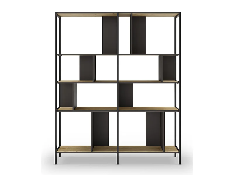 Bibliothèque, meuble étagère aspect bois coloris chêne et métal noir - Longueur 144 x Profondeur 35 x Hauteur 175 cm