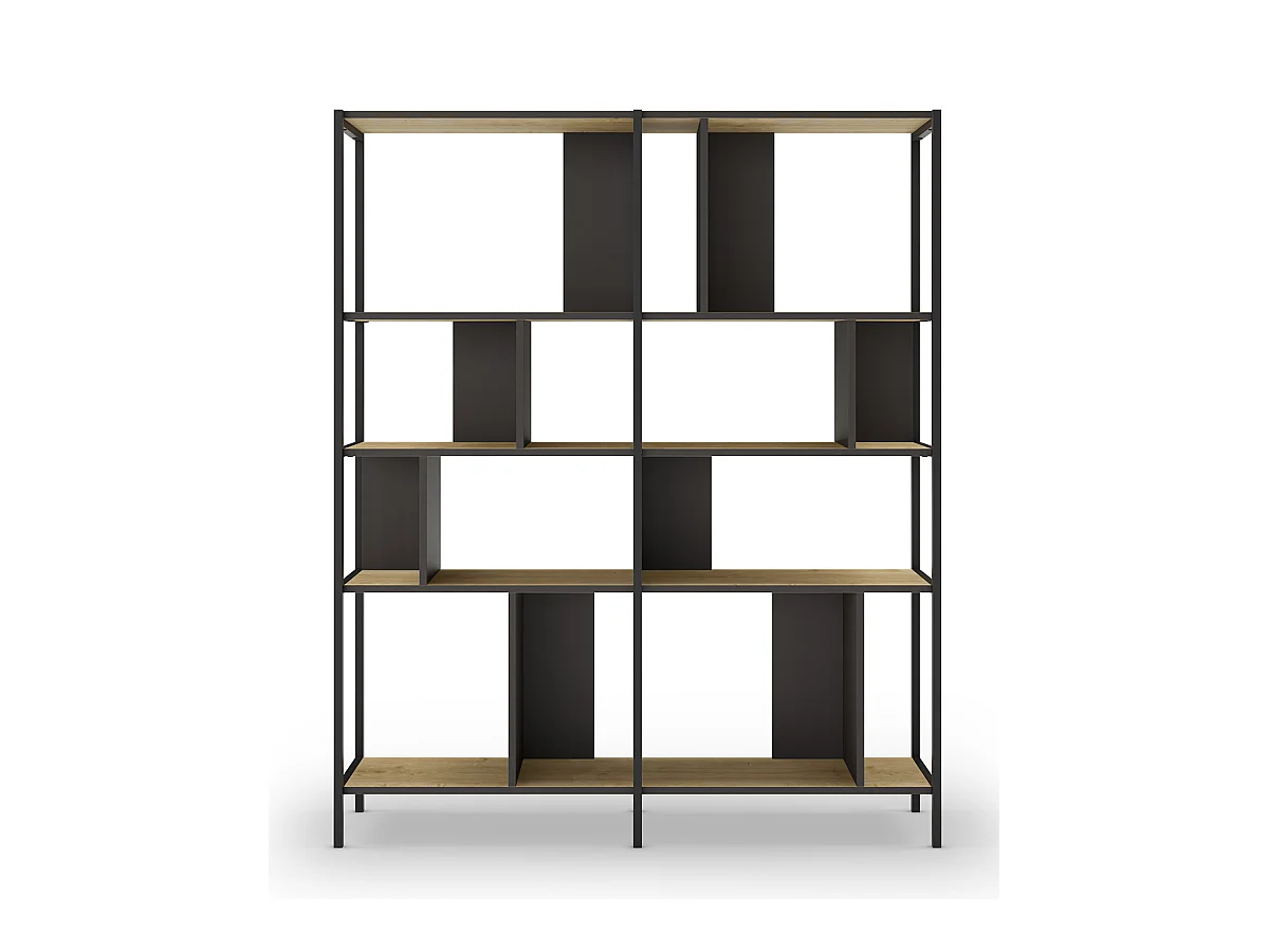 Bibliothèque, meuble étagère aspect bois coloris chêne et métal noir - Longueur 144 x Profondeur 35 x Hauteur 175 cm