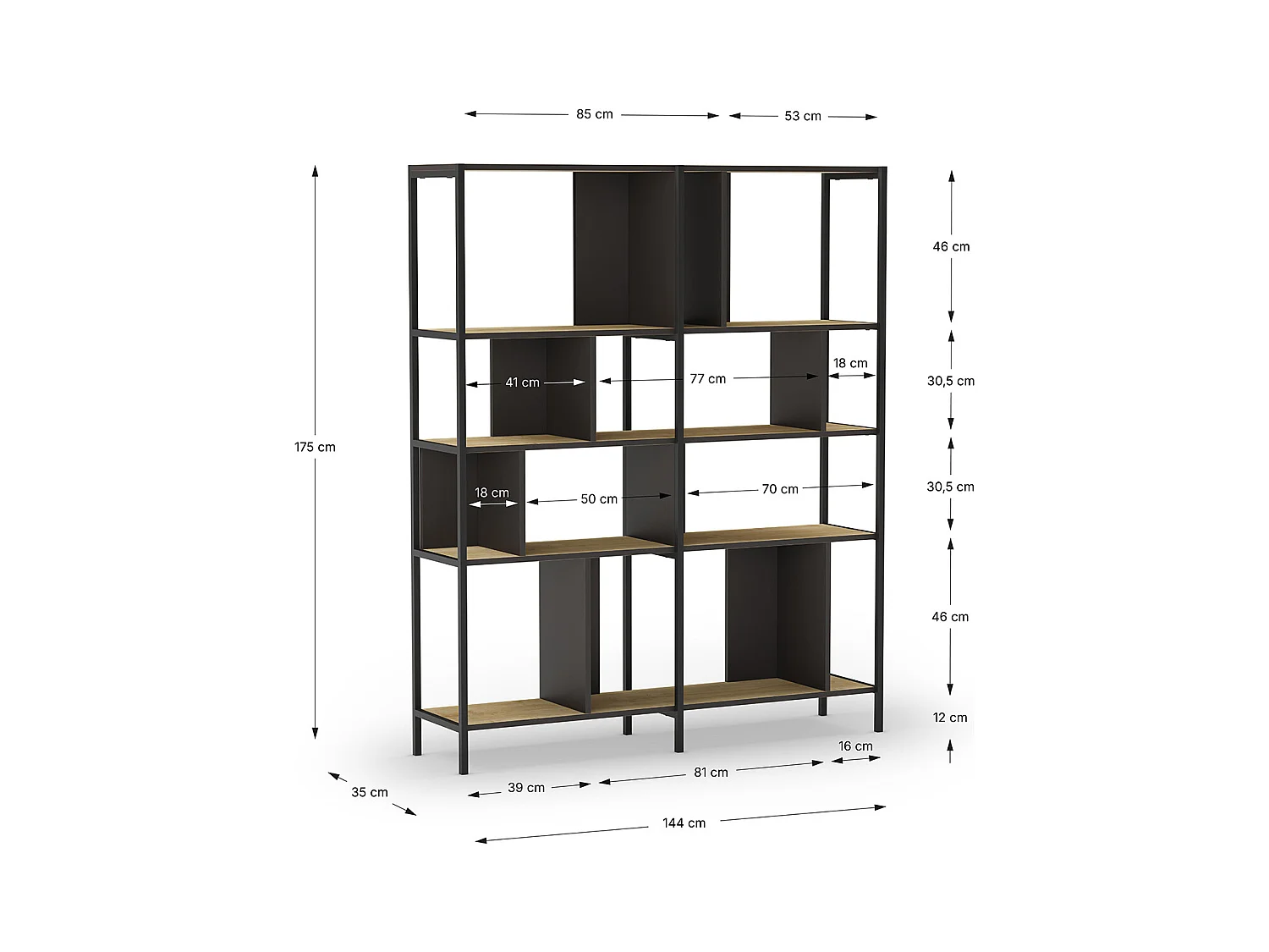 Bibliothèque, meuble étagère aspect bois coloris chêne et métal noir - Longueur 144 x Profondeur 35 x Hauteur 175 cm