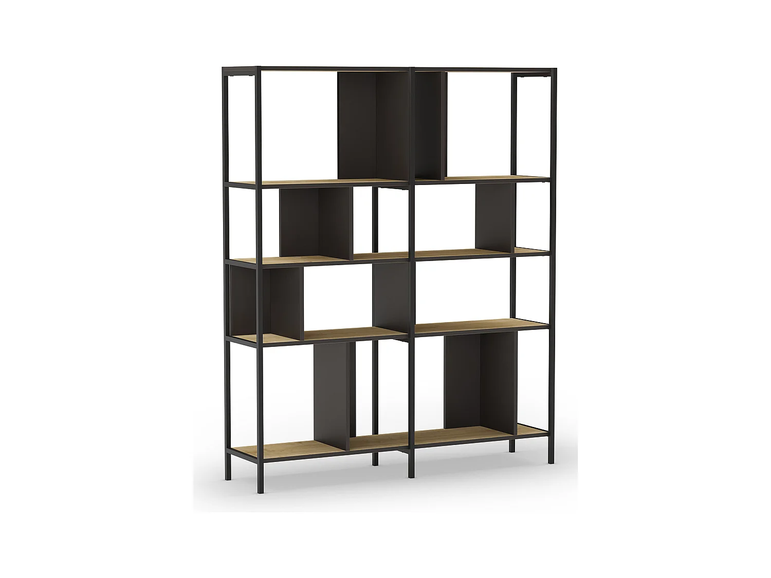 Bibliothèque, meuble étagère aspect bois coloris chêne et métal noir - Longueur 144 x Profondeur 35 x Hauteur 175 cm