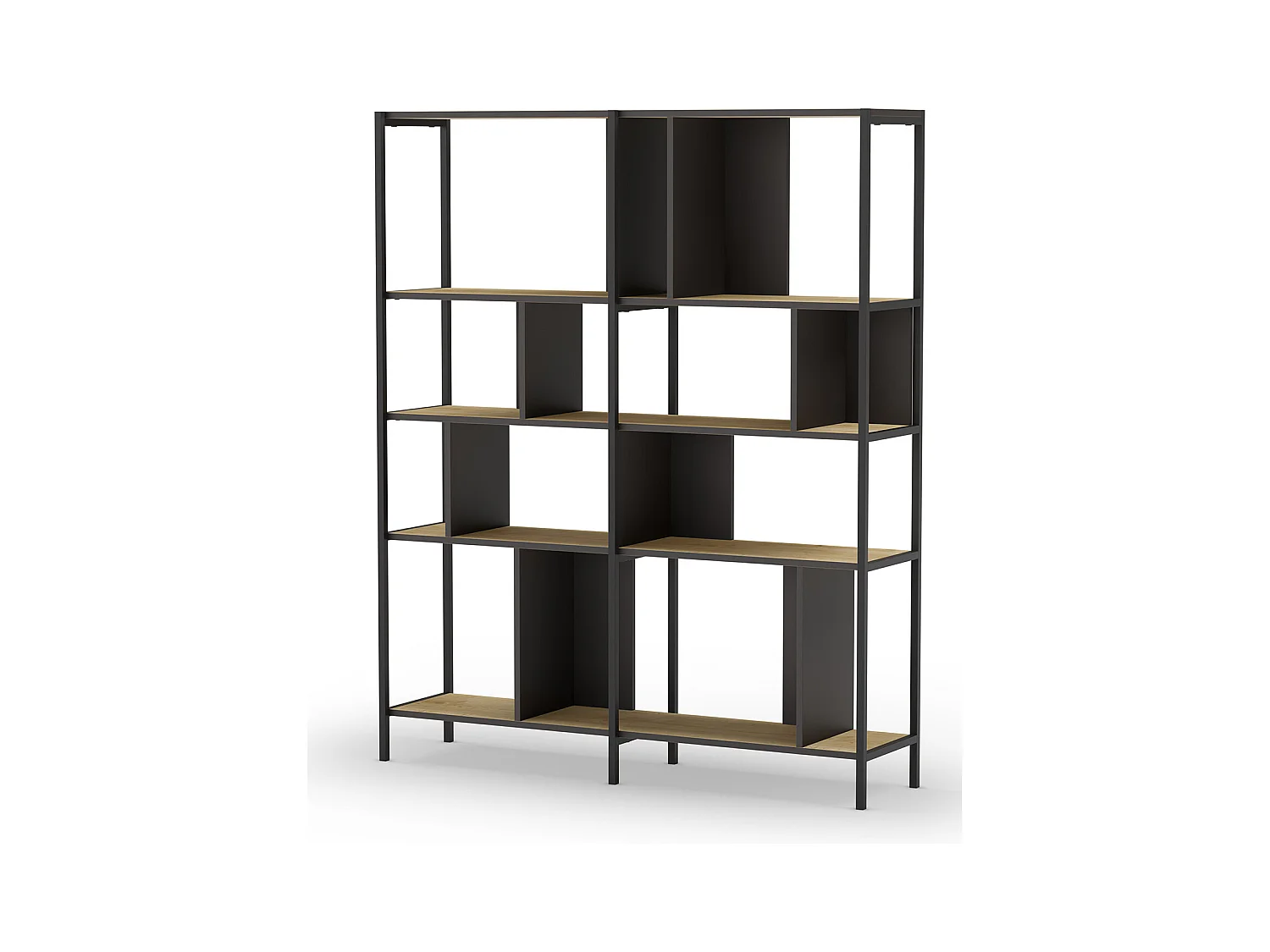Bibliothèque, meuble étagère aspect bois coloris chêne et métal noir - Longueur 144 x Profondeur 35 x Hauteur 175 cm