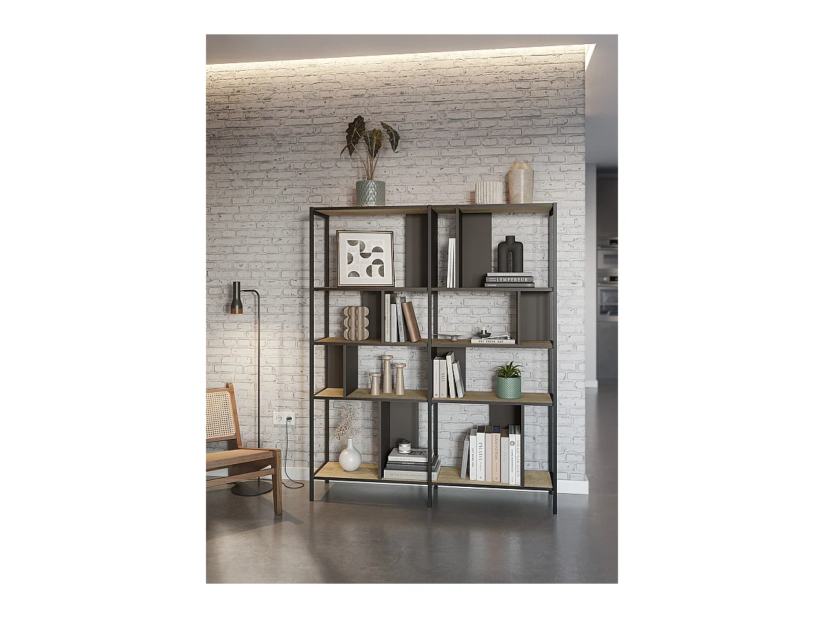 Bibliothèque, meuble étagère aspect bois coloris chêne et métal noir - Longueur 144 x Profondeur 35 x Hauteur 175 cm