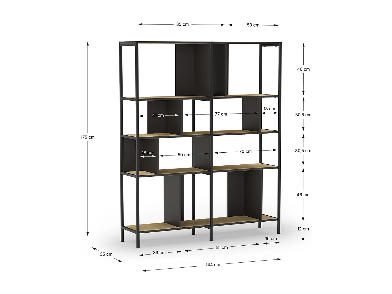 Bibliothèque, meuble étagère aspect bois coloris chêne et métal noir - Longueur 144 x Profondeur 35 x Hauteur 175 cm