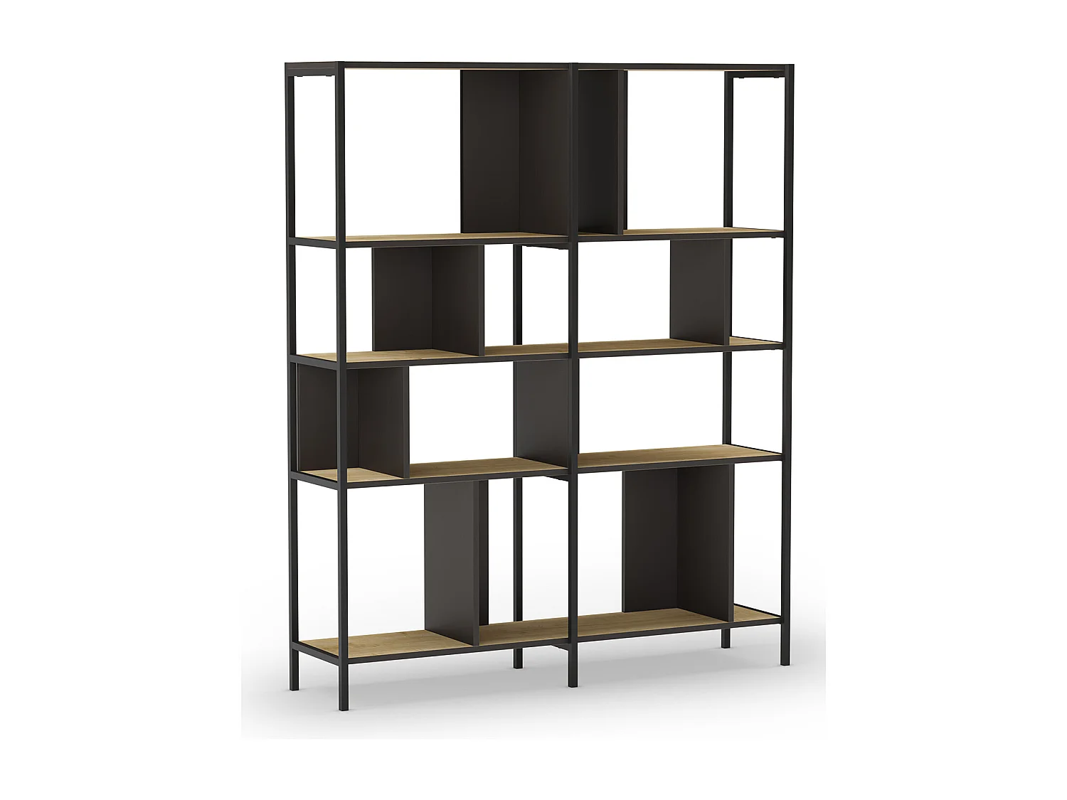 Bibliothèque, meuble étagère aspect bois coloris chêne et métal noir - Longueur 144 x Profondeur 35 x Hauteur 175 cm