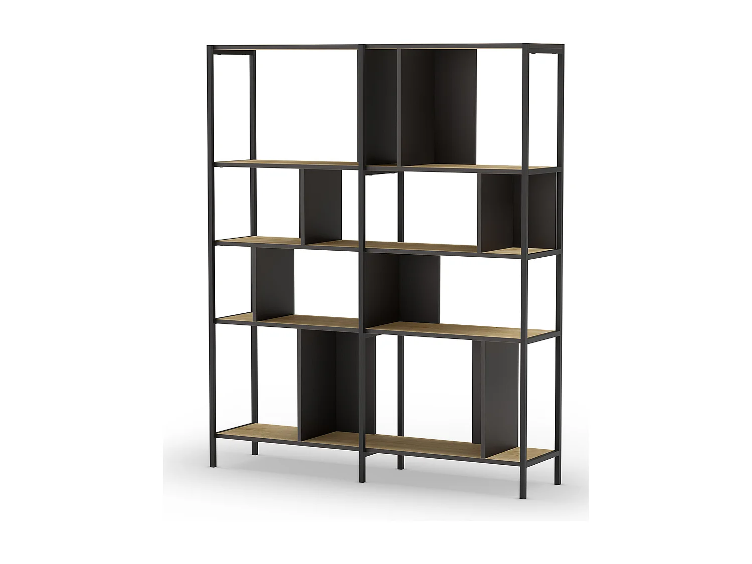 Bibliothèque, meuble étagère aspect bois coloris chêne et métal noir - Longueur 144 x Profondeur 35 x Hauteur 175 cm