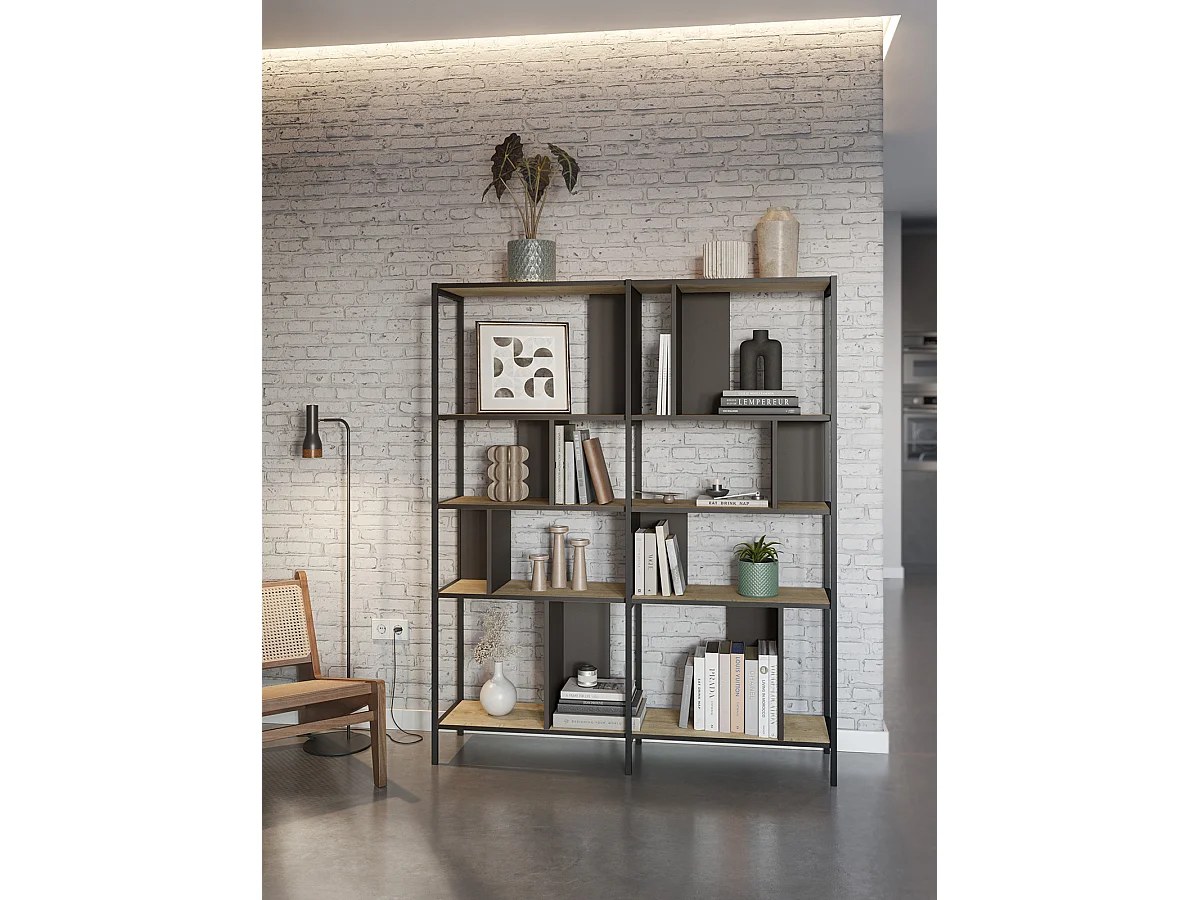 Bibliothèque, meuble étagère aspect bois coloris chêne et métal noir - Longueur 144 x Profondeur 35 x Hauteur 175 cm