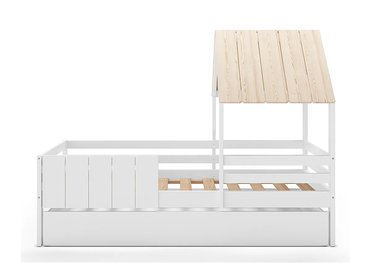 Ensemble du lit cabane pour enfant en bois coloris blanc avec tiroir intégré, couchage 90 x 190 cm
