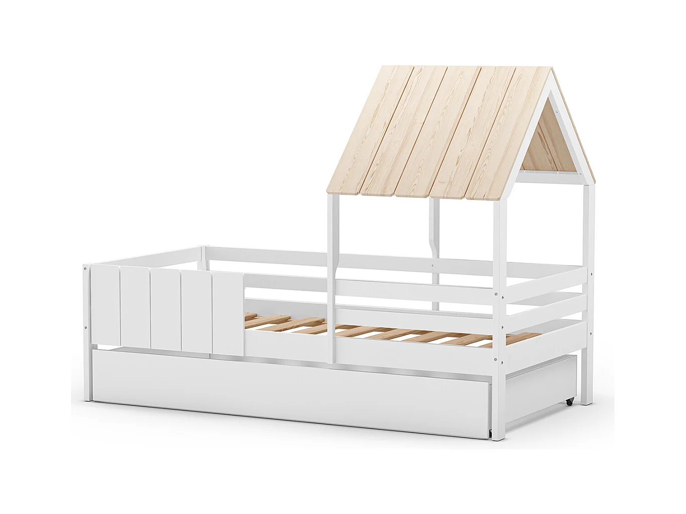 Ensemble du lit cabane pour enfant en bois coloris blanc avec tiroir intégré, couchage 90 x 190 cm