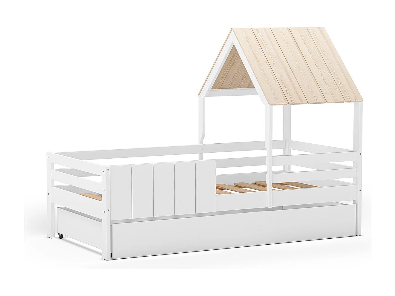 Ensemble du lit cabane pour enfant en bois coloris blanc avec tiroir intégré, couchage 90 x 190 cm
