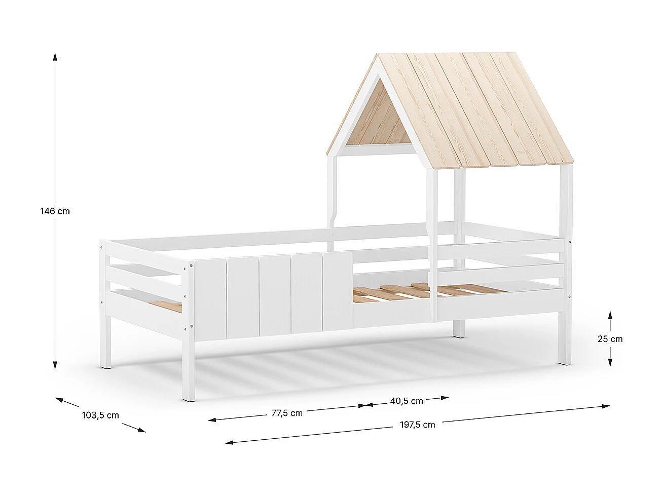 Ensemble du lit cabane pour enfant en bois coloris blanc avec tiroir intégré, couchage 90 x 190 cm
