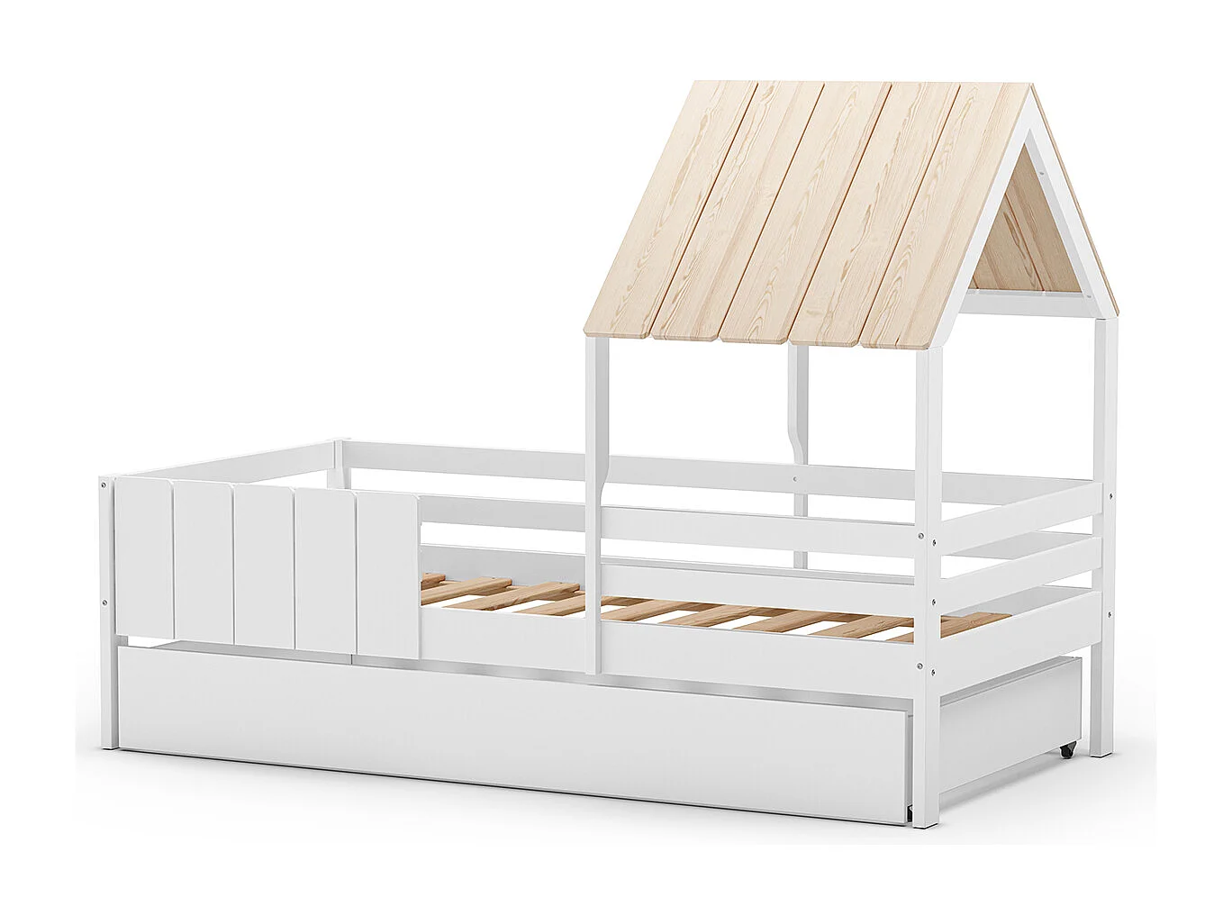 Ensemble du lit cabane pour enfant en bois coloris blanc avec tiroir intégré, couchage 90 x 190 cm