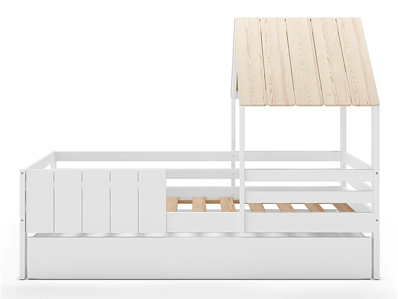 Ensemble du lit cabane pour enfant en bois coloris blanc avec tiroir intégré, couchage 90 x 190 cm