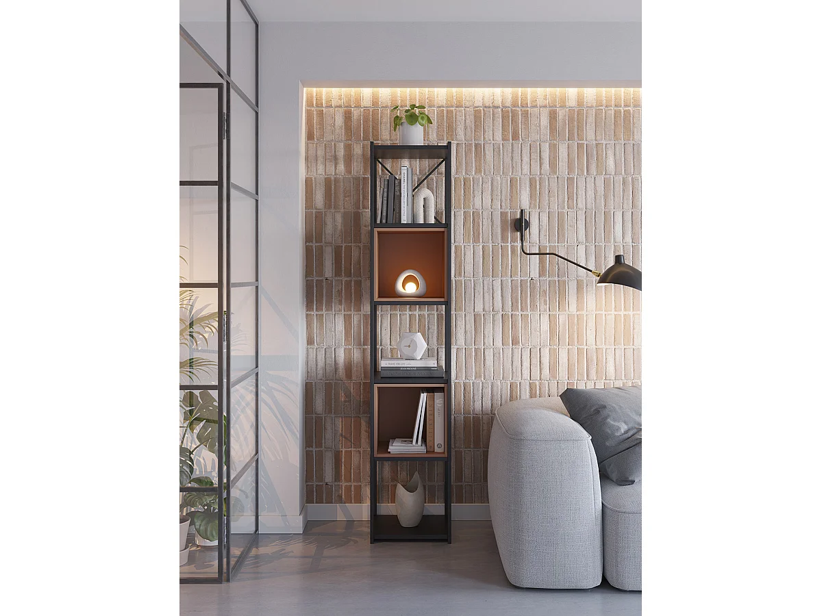 Etagère, meuble étagère aspect bois coloris terracotta et métal noir - Longueur 36 x Profondeur 39 x Hauteur 179 cm