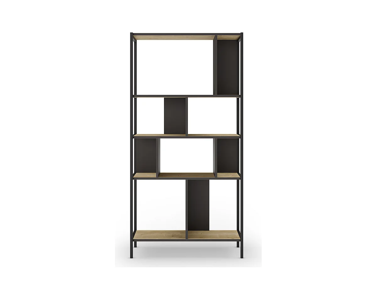 Bibliothèque, meuble étagère aspect bois coloris chêne et métal noir - Longueur 88 x Profondeur 35 x Hauteur 175 cm
