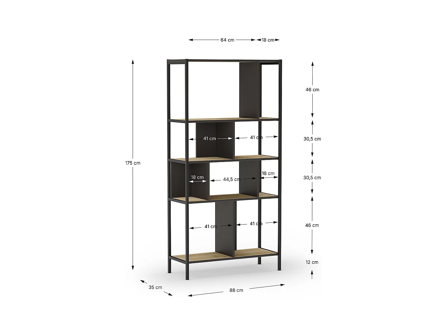 Bibliothèque, meuble étagère aspect bois coloris chêne et métal noir - Longueur 88 x Profondeur 35 x Hauteur 175 cm